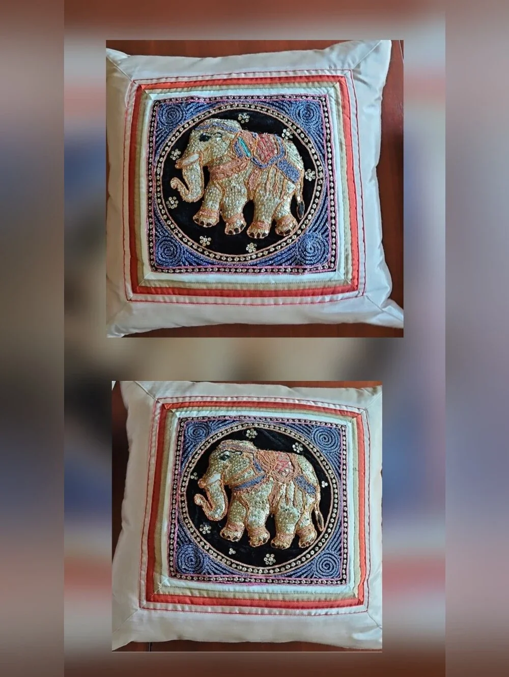 Throw Pillow Cover Set Elegant Thai Elephant Sequin Embroidered Set - 1980's